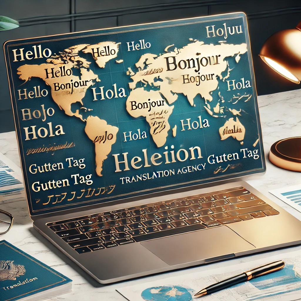 Sülearvuti ekraanil maailmakaart ja tervitused eri keeltes - Premium Tõlkebüroo Tallinnas