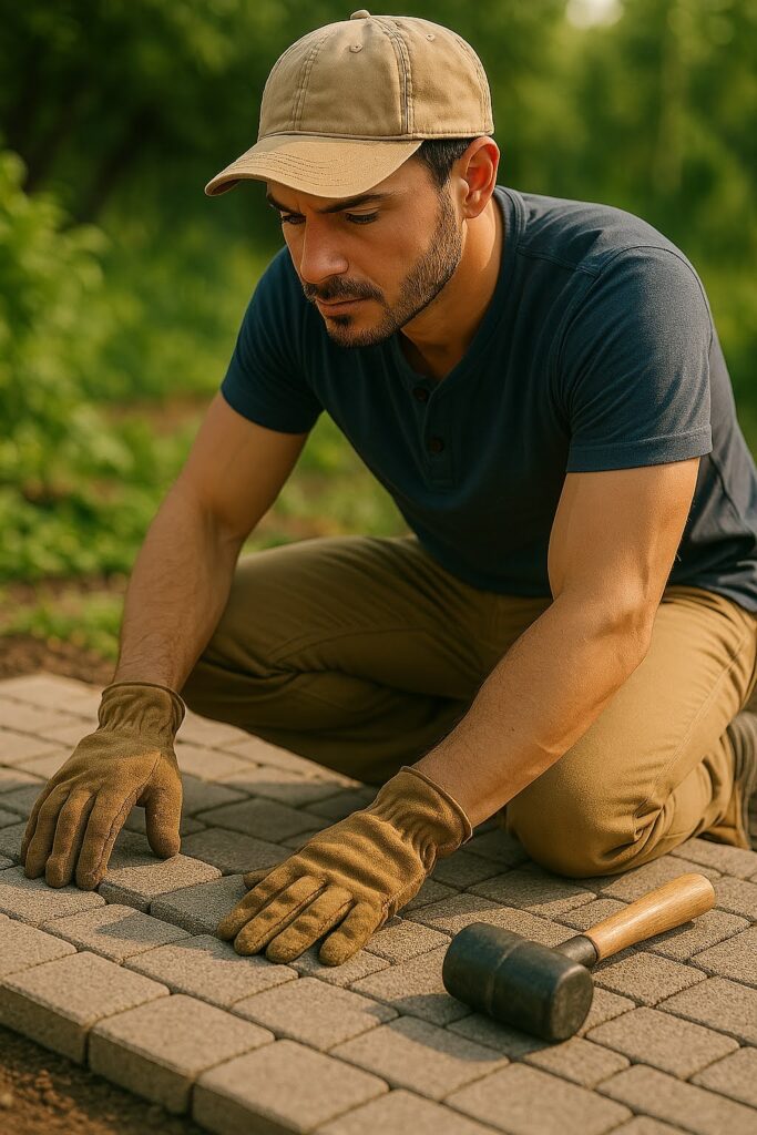 Tänavakivide paigaldaja joondab kõnnitee plaate Tallinnas